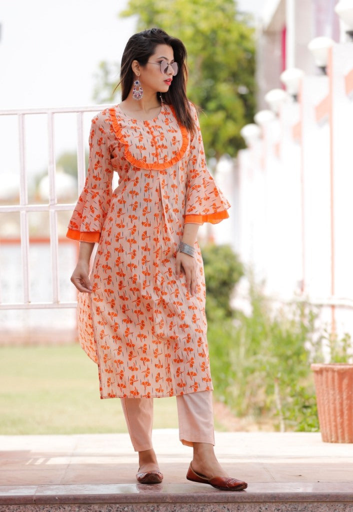 Orange staright Floral Kurta Set