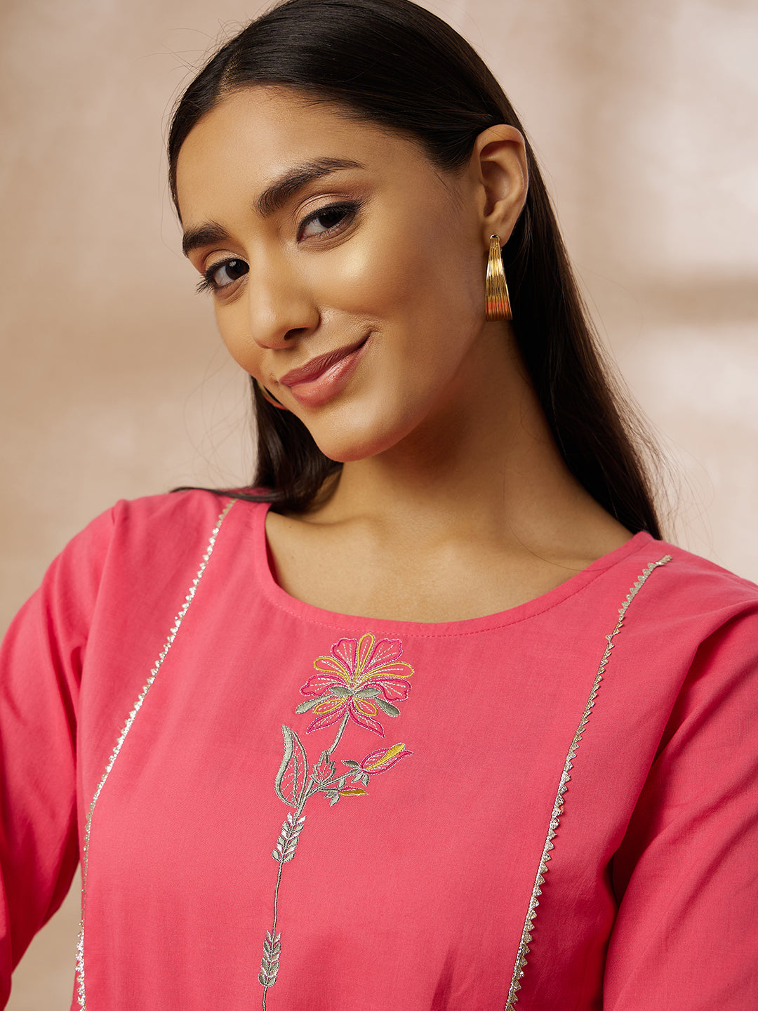 Pink Cotton Kurti with Embroidered