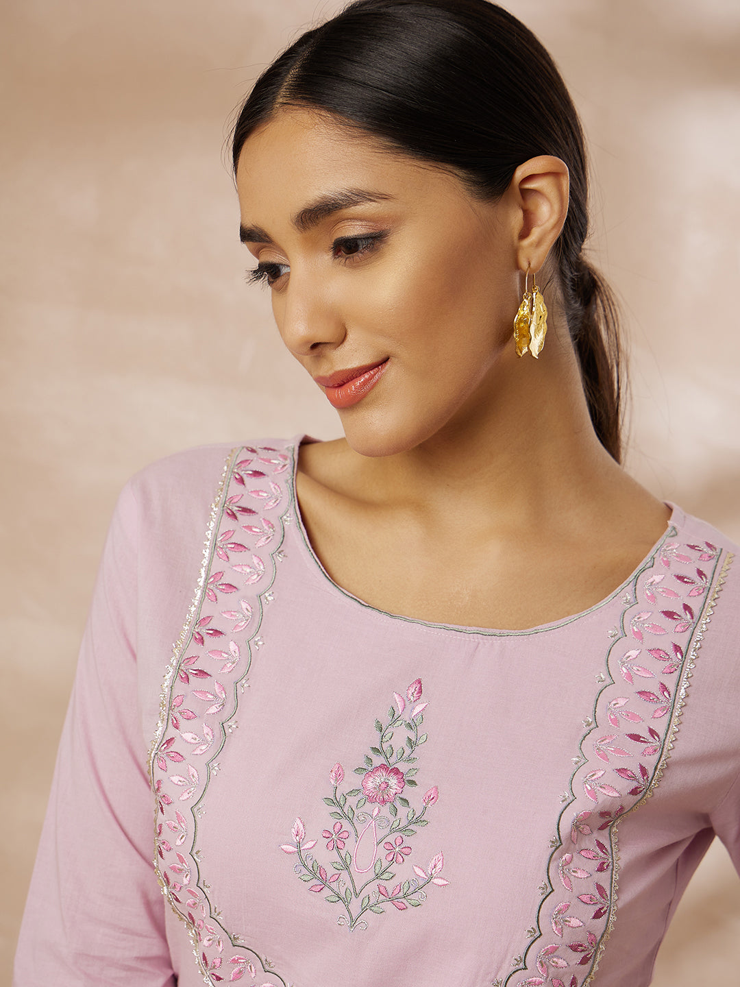 Light Pink Solid Straight Kurti with Embroidered Yoke Design