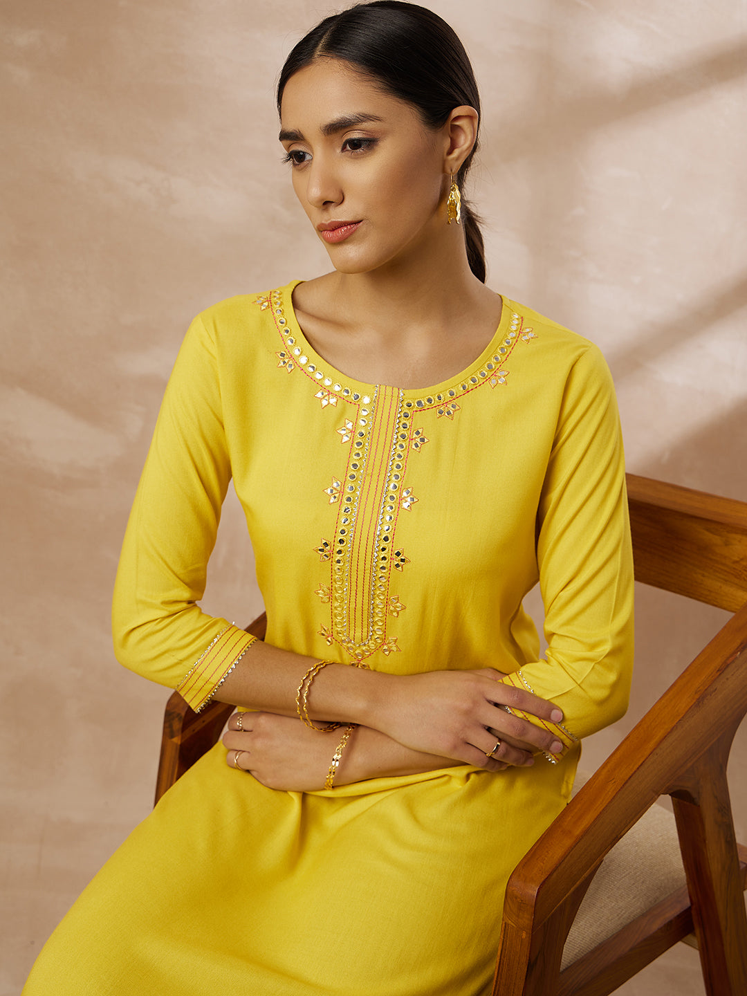 Women’s Yellow Straight Embroidered Kurti