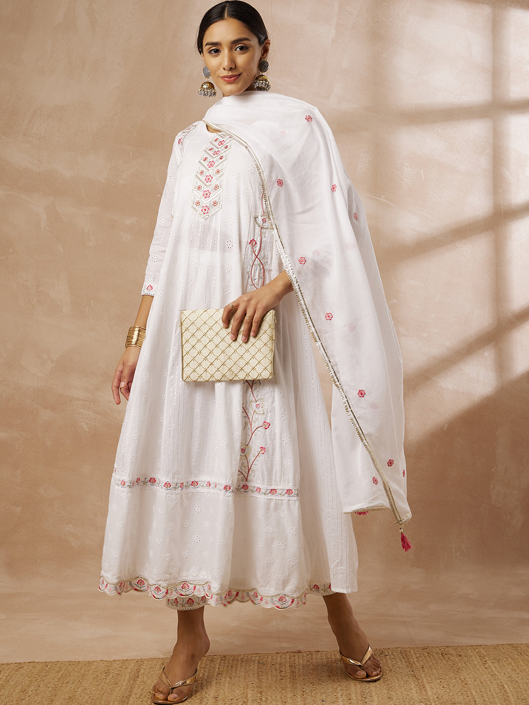 White Embroidered Anarkali Kurta Set with Dupatta