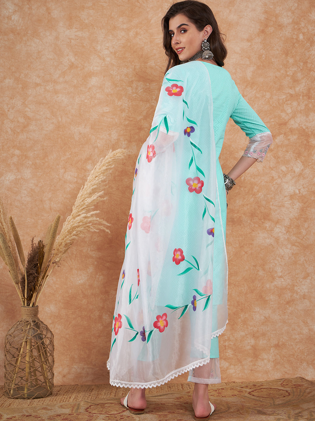 Aqua Blue Embroidered Salwar Suit with Floral Dupatta