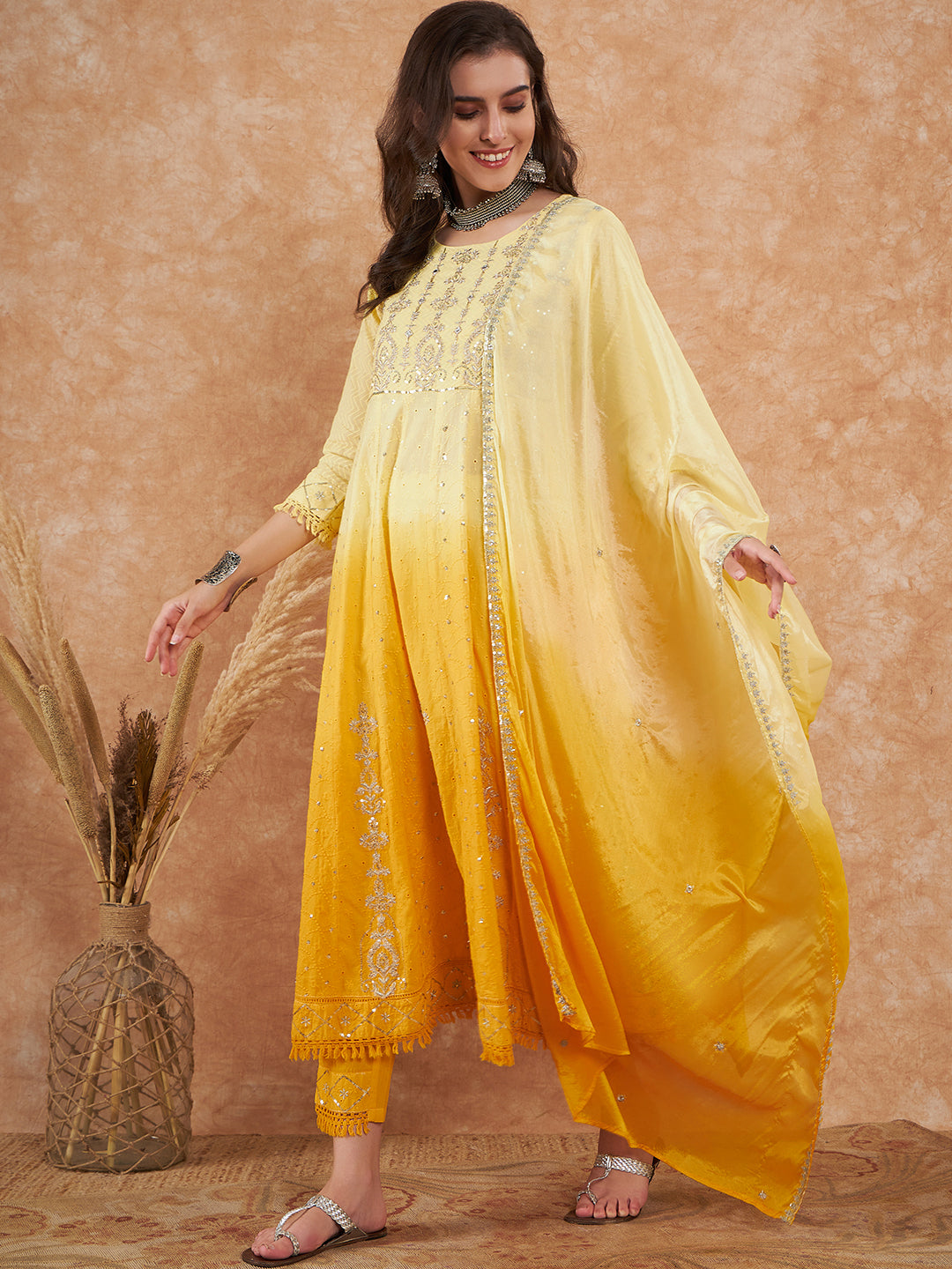 Yellow Ombre Embroidered Kurta Set with Dupatta