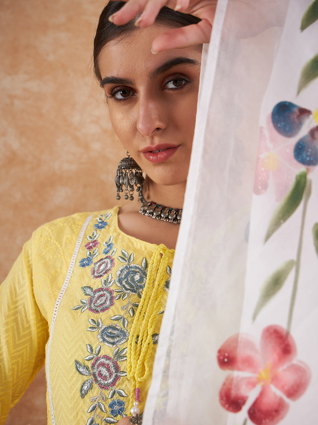 Sunshine Yellow Floral Embroidered Suit Set with Organza Dupatta