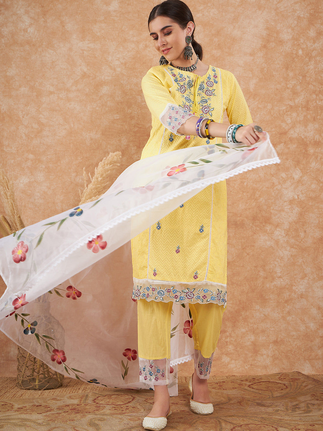 Sunshine Yellow Floral Embroidered Suit Set with Organza Dupatta