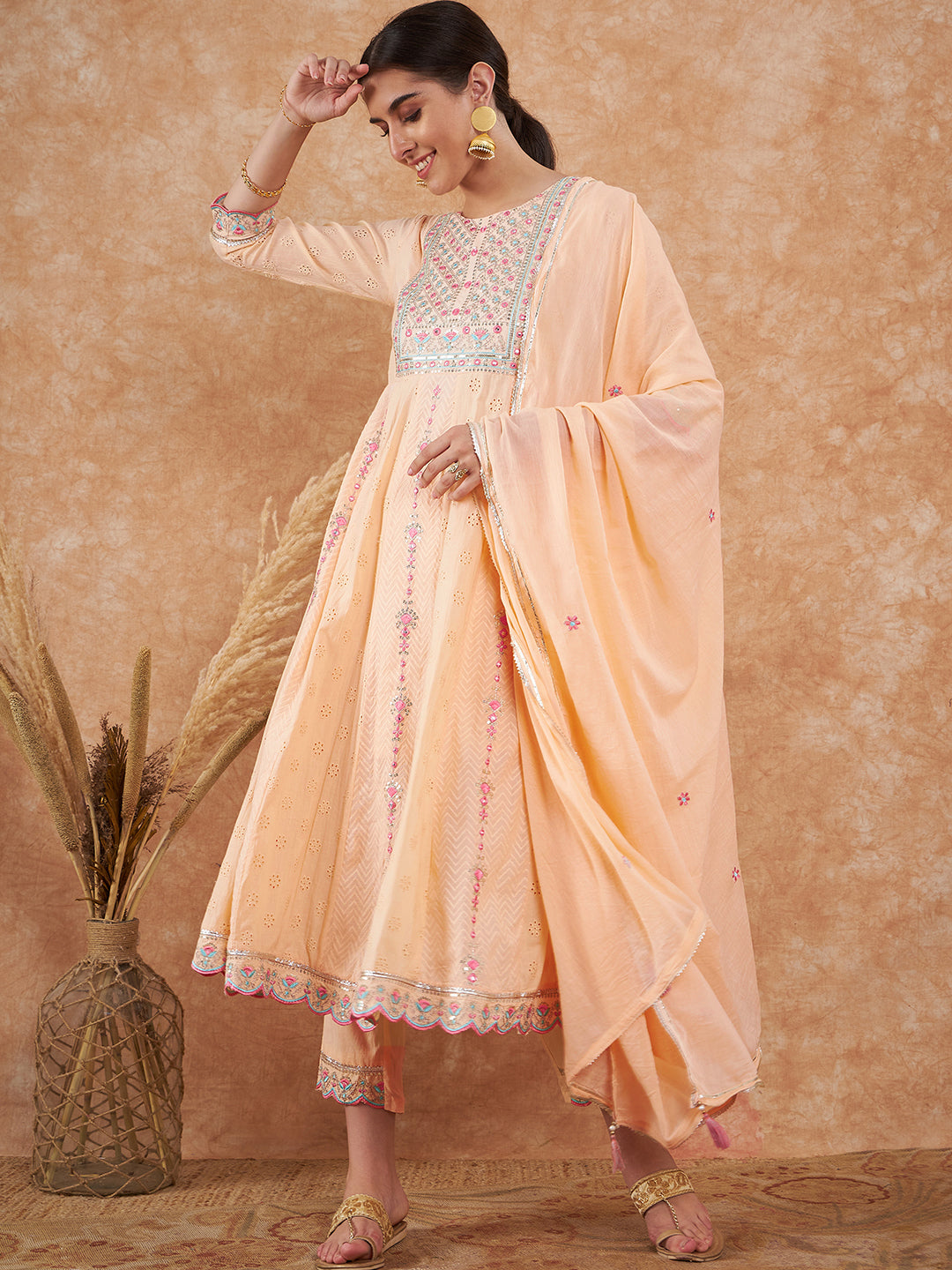 Peach Embroidered Anarkali Suit