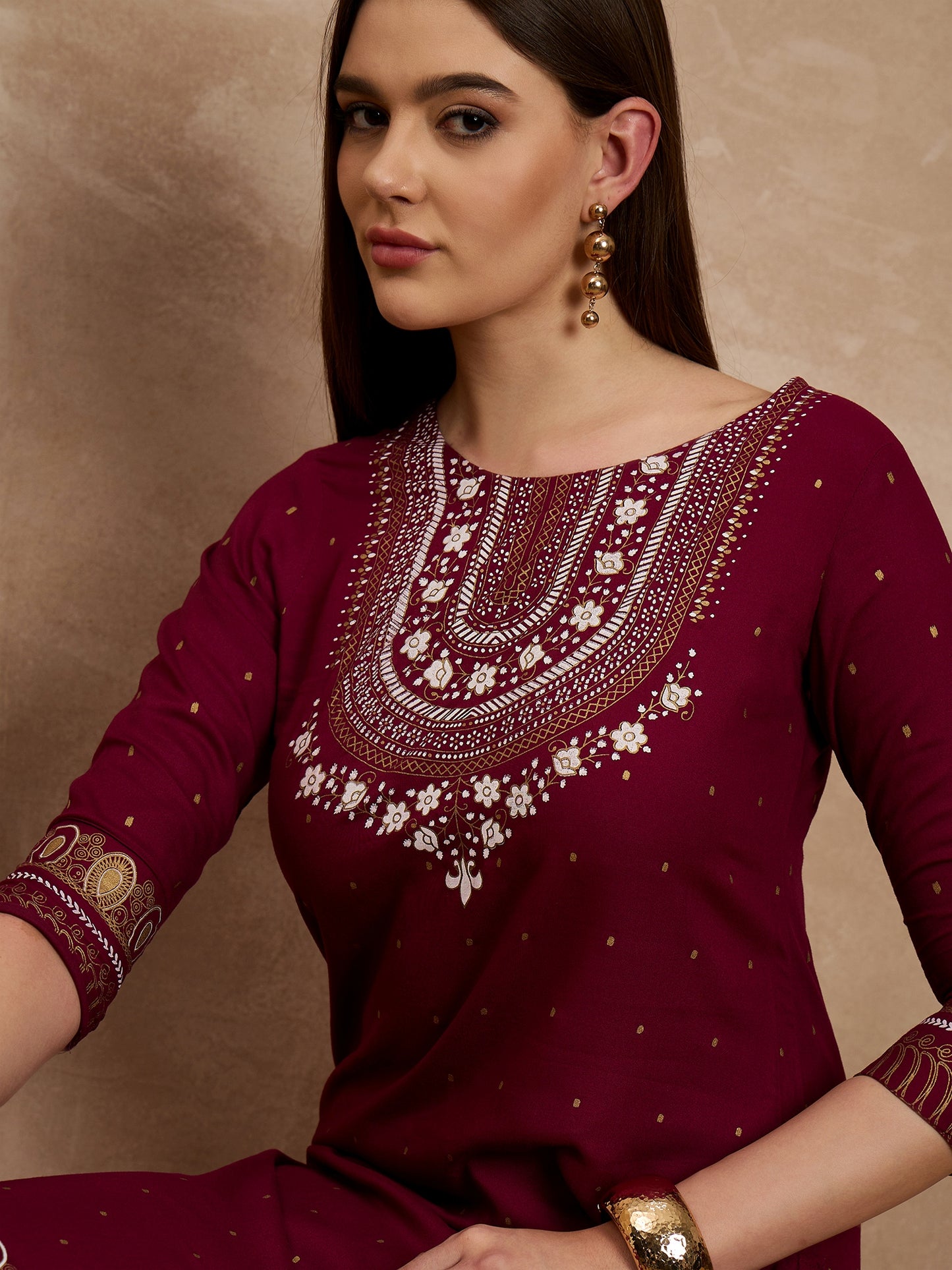 Women's Maroon Embroidered Straight Kurta Set