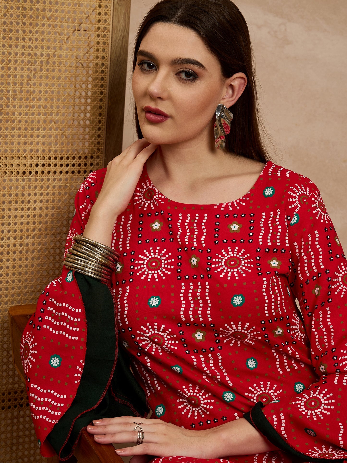 Red Printed Straight Kurti with Flared Sleeves