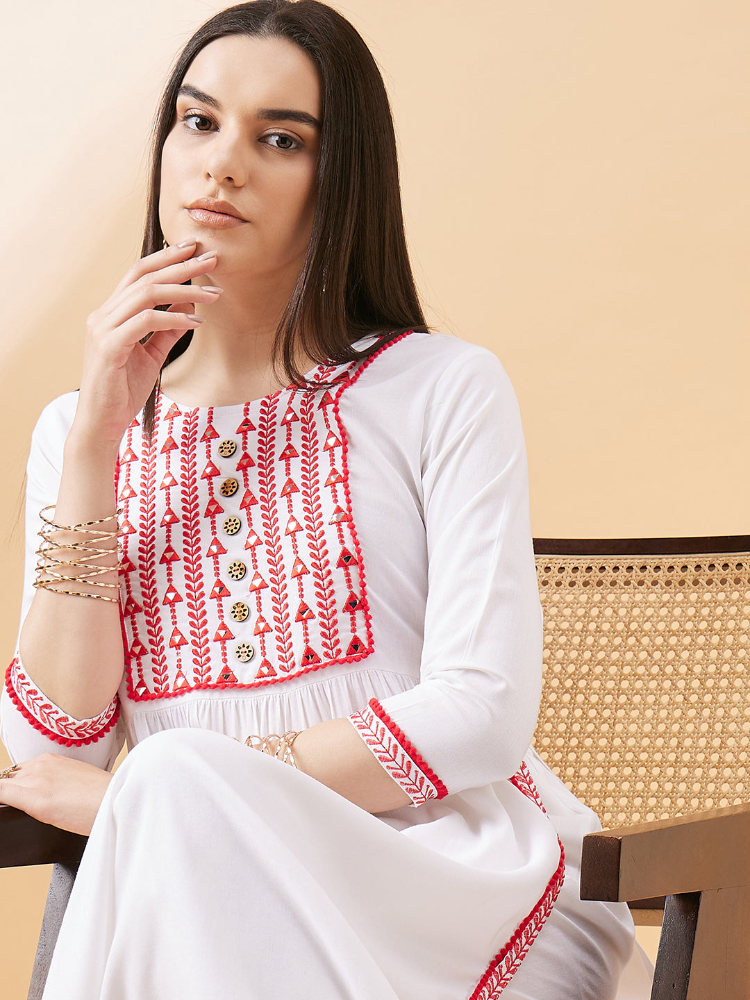 White & Red Embroidered Straight Kurta Set with Pants