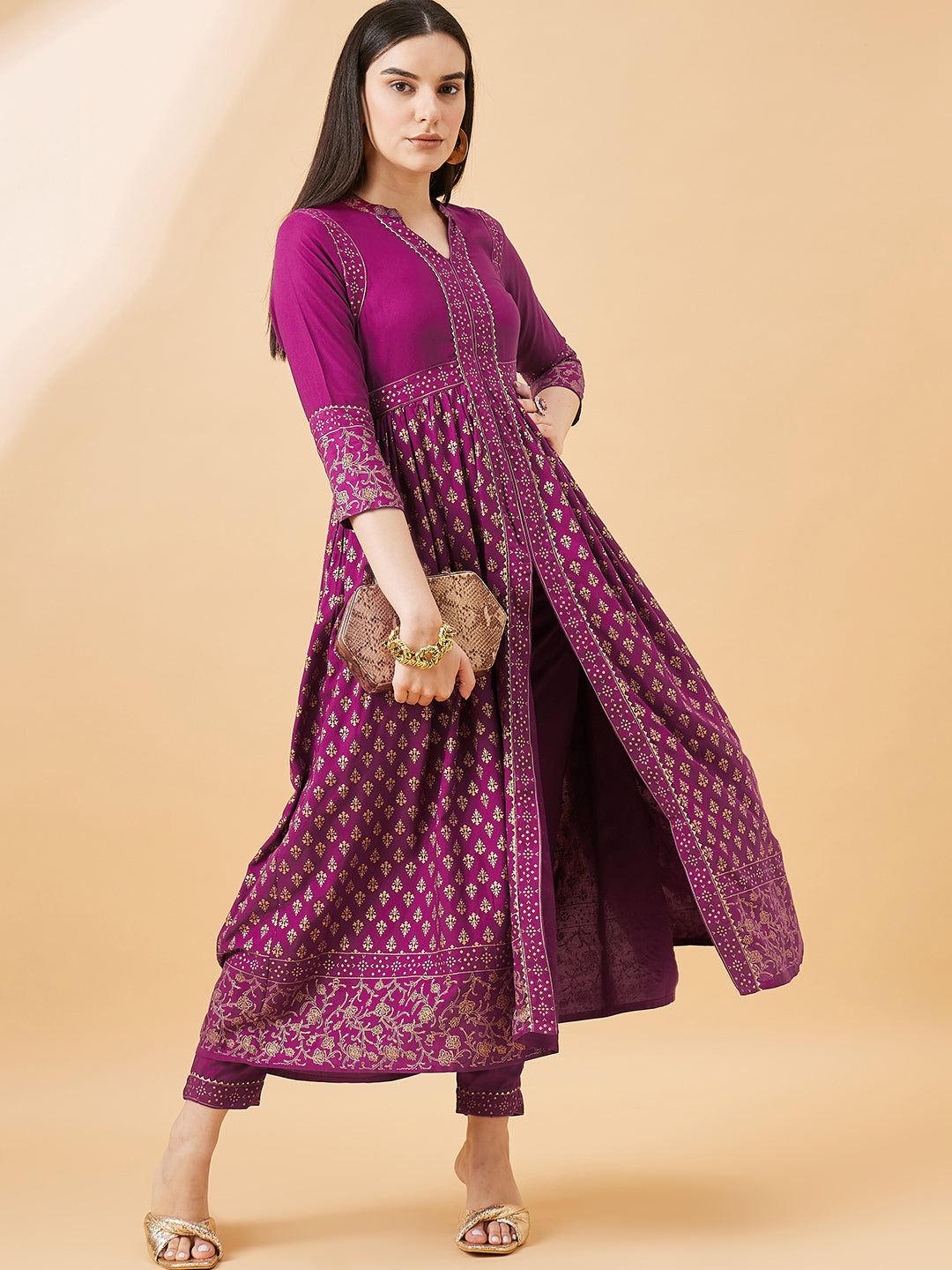 Women's Ethnic Anarkali Kurta with Printed Pattern & Solid Pants