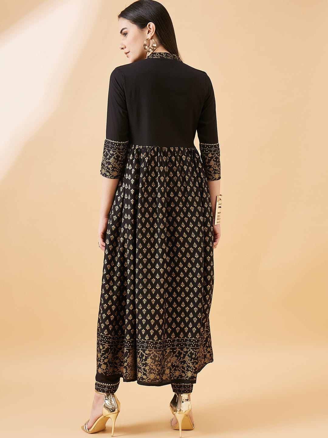 Elegant Black & Gold Printed Anarkali Kurta Set for Women