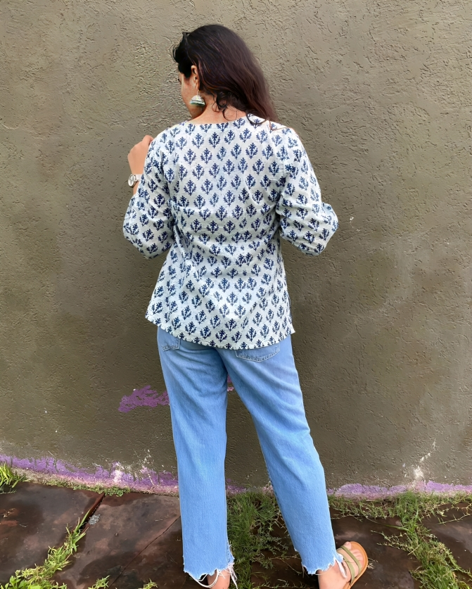 Off-White & Blue Handblock Printed Cotton Top for Women