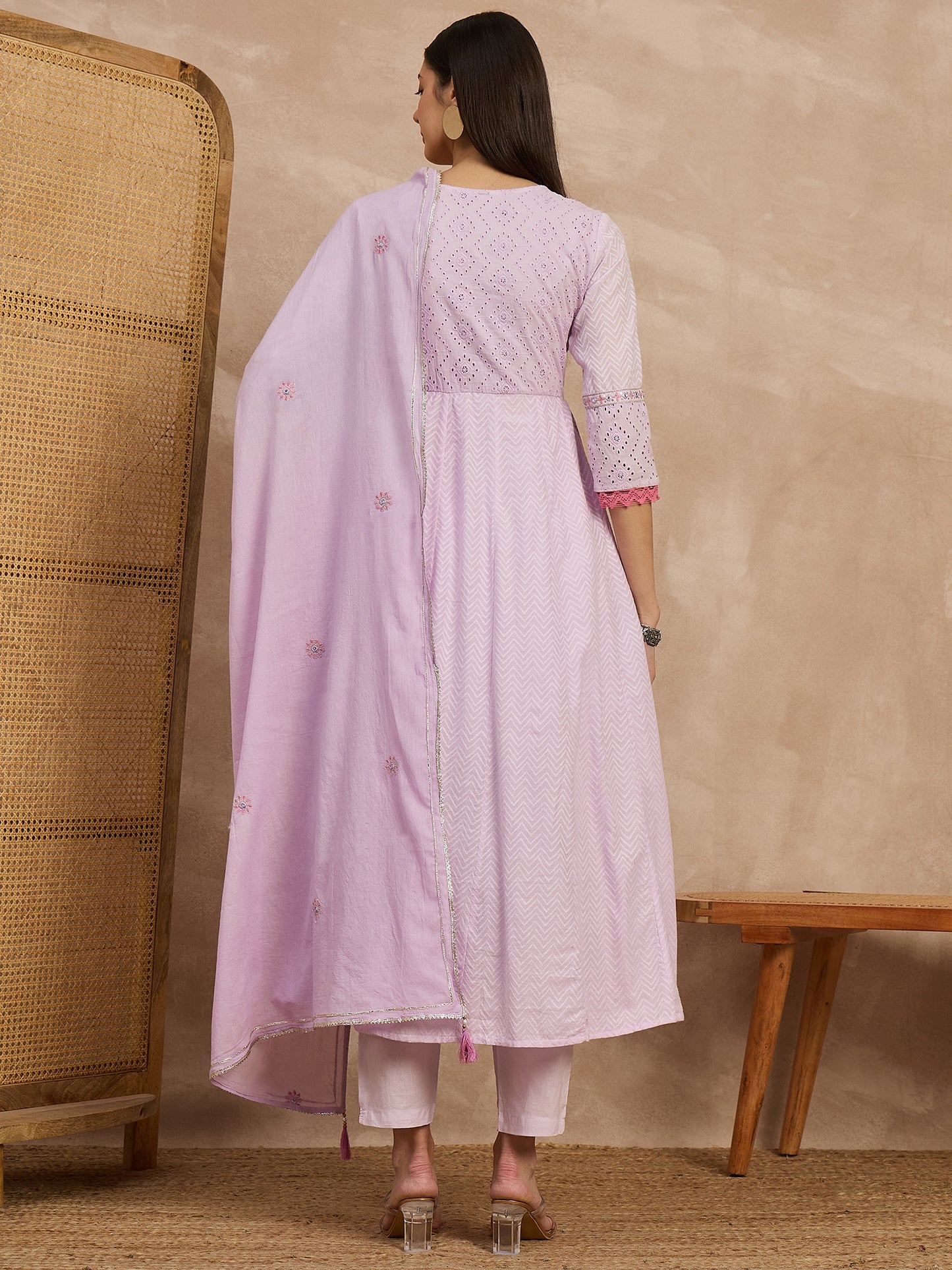 Elegant Lavender Embroidered Cotton Kurta Set