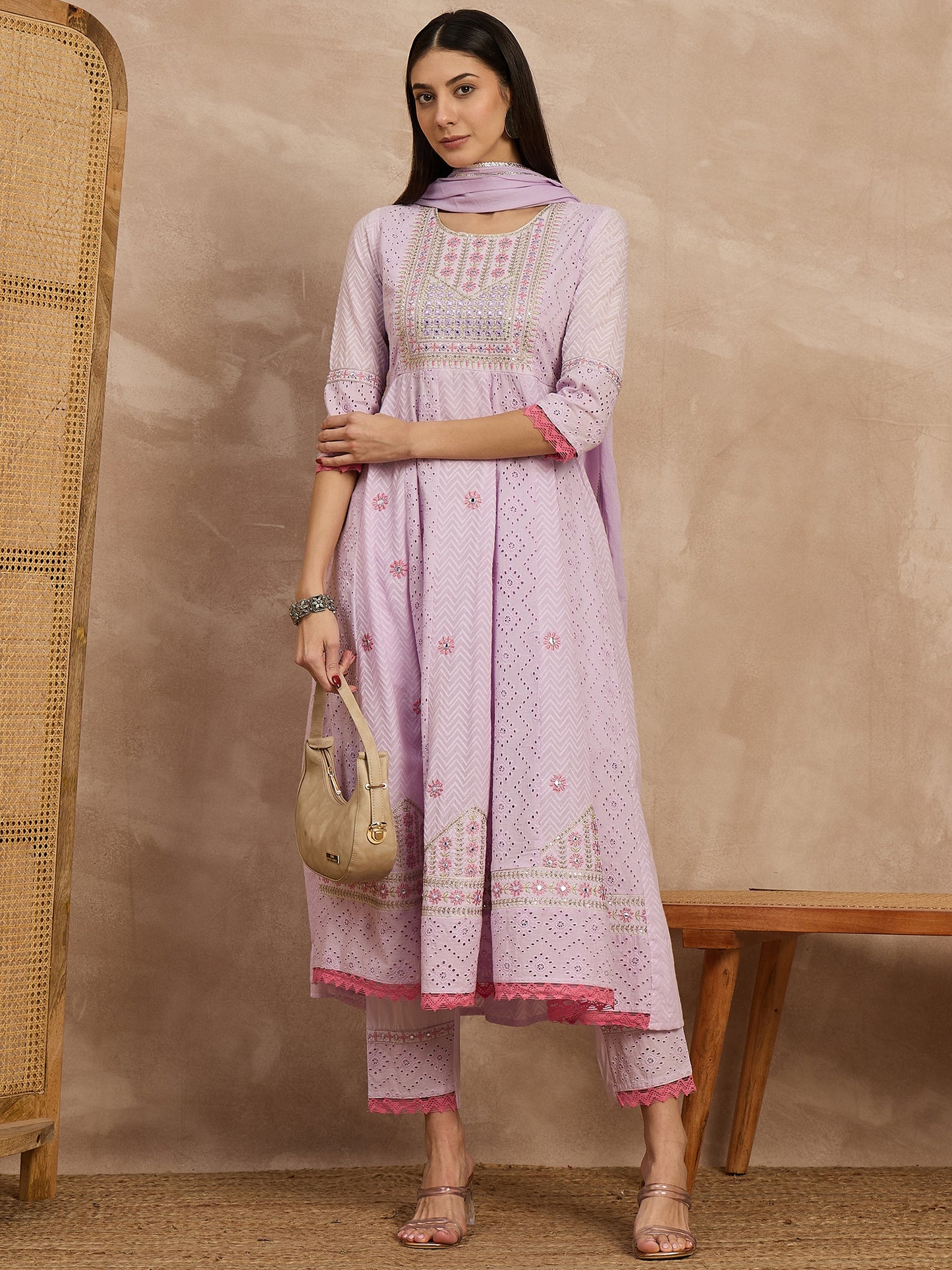Elegant Lavender Embroidered Cotton Kurta Set