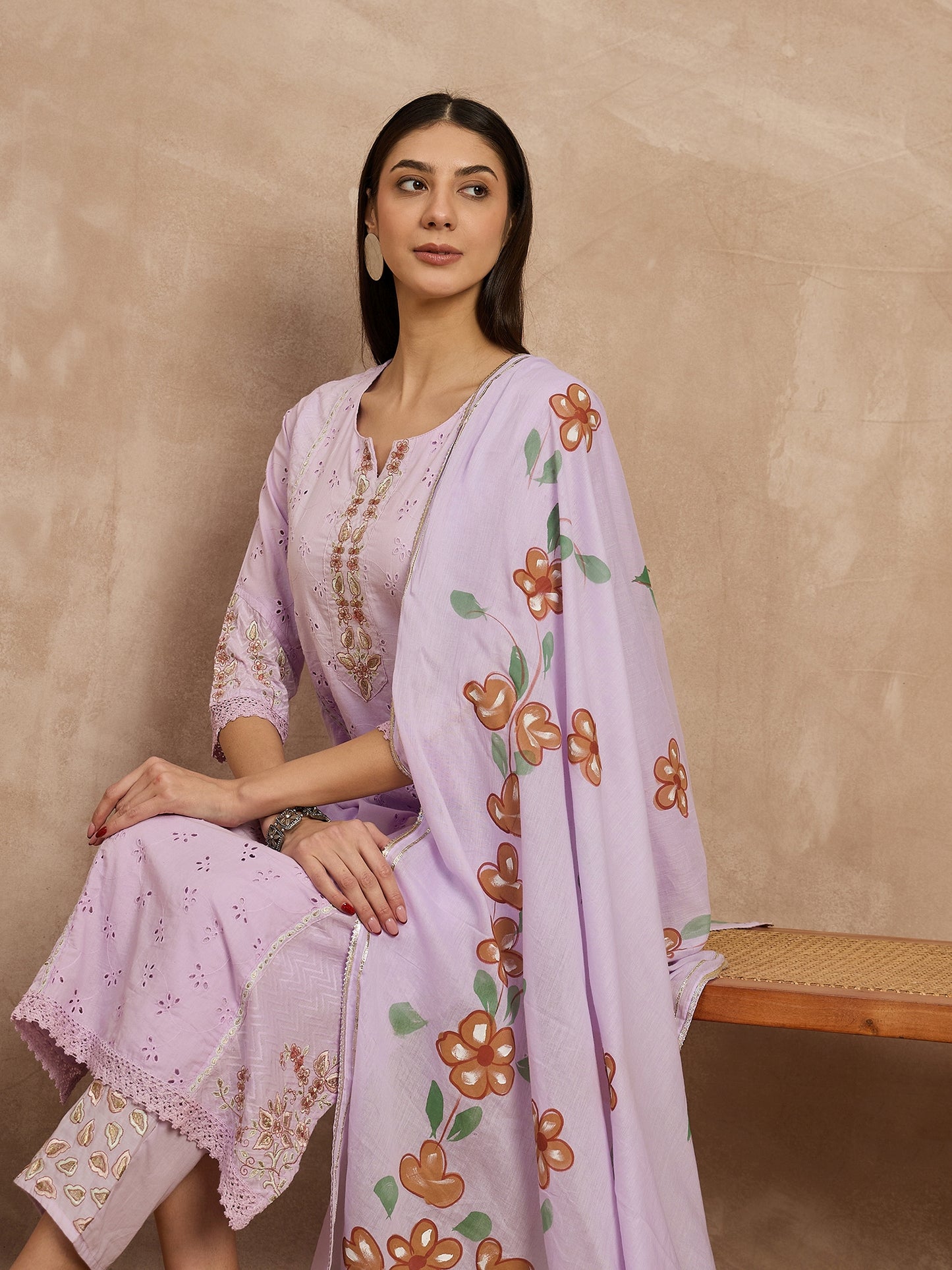 Purple Embroidered Cotton Suit Set for Women