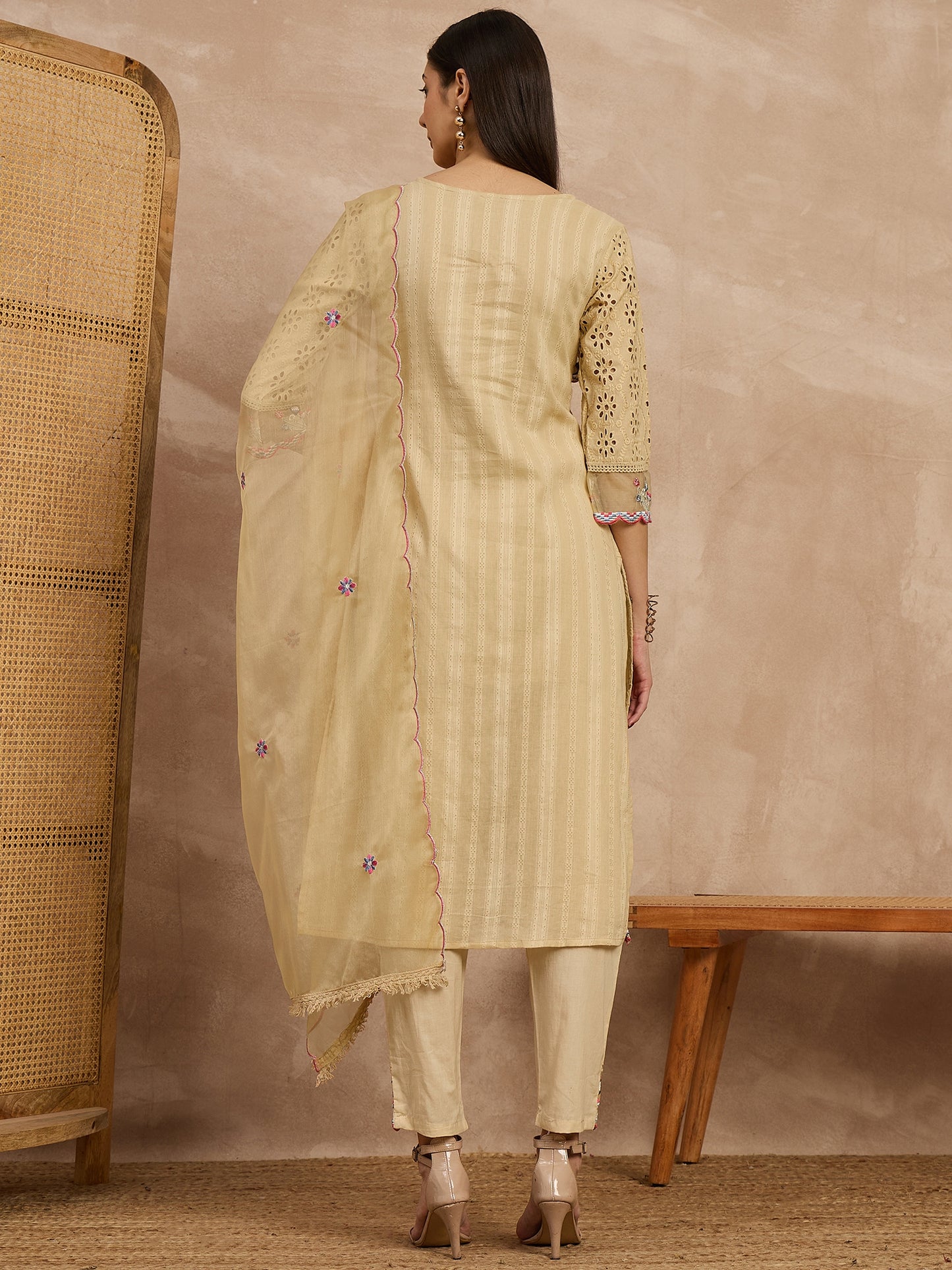 Beige Embroidered Kurta Set with Dupatta