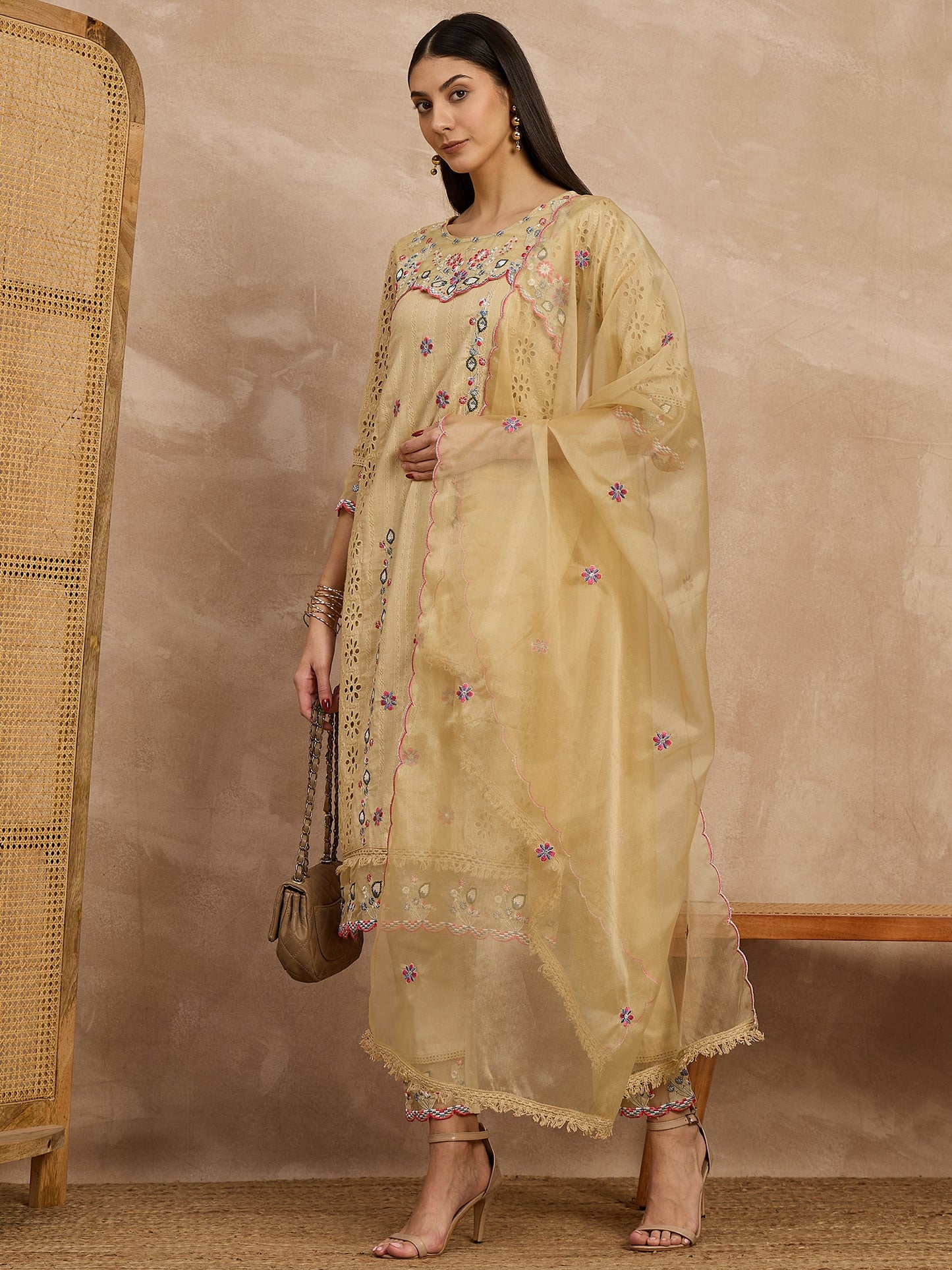 Beige Embroidered Kurta Set with Dupatta