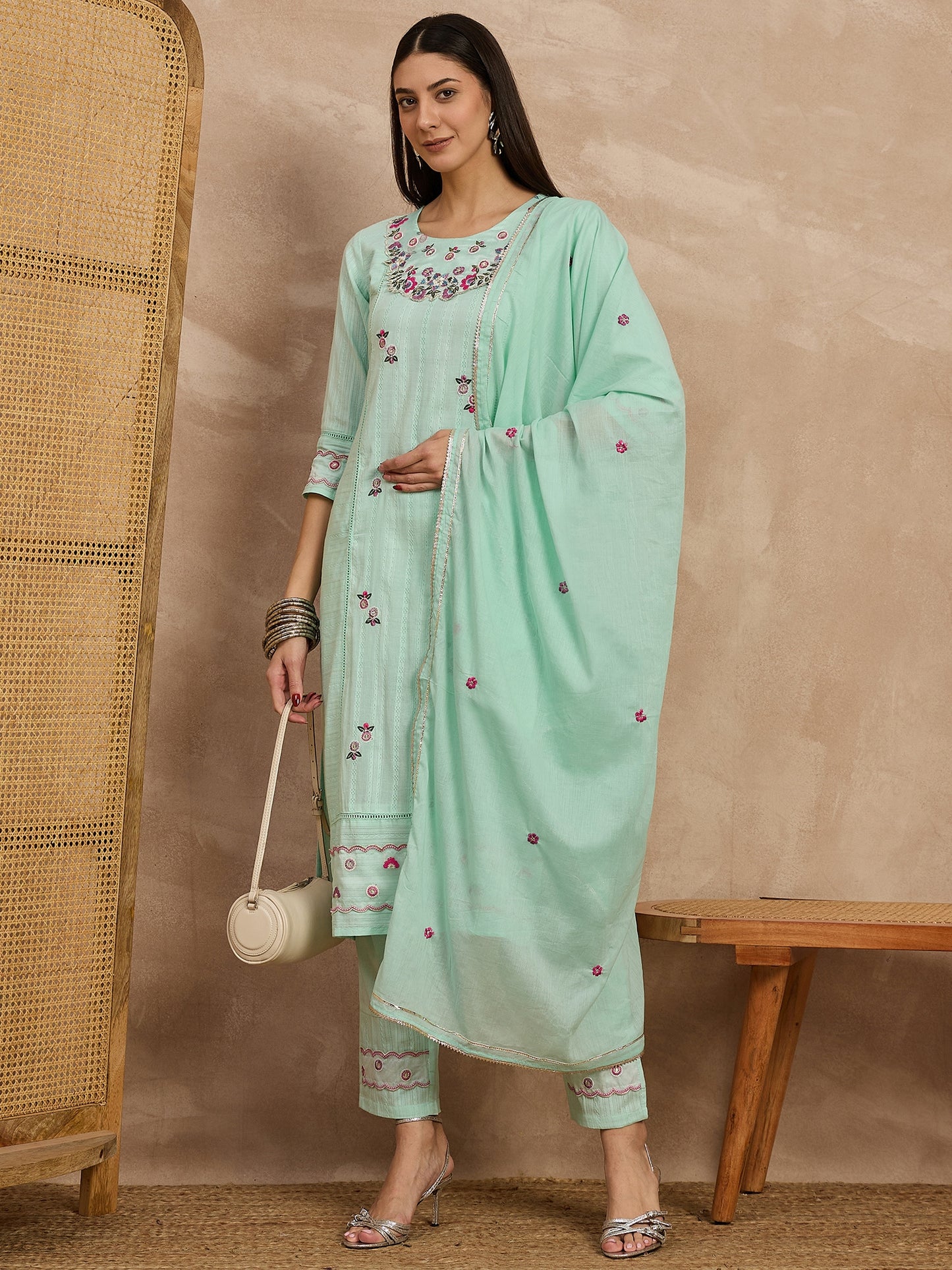 Mint Green Embroidered Cotton Kurta Set with Dupatta