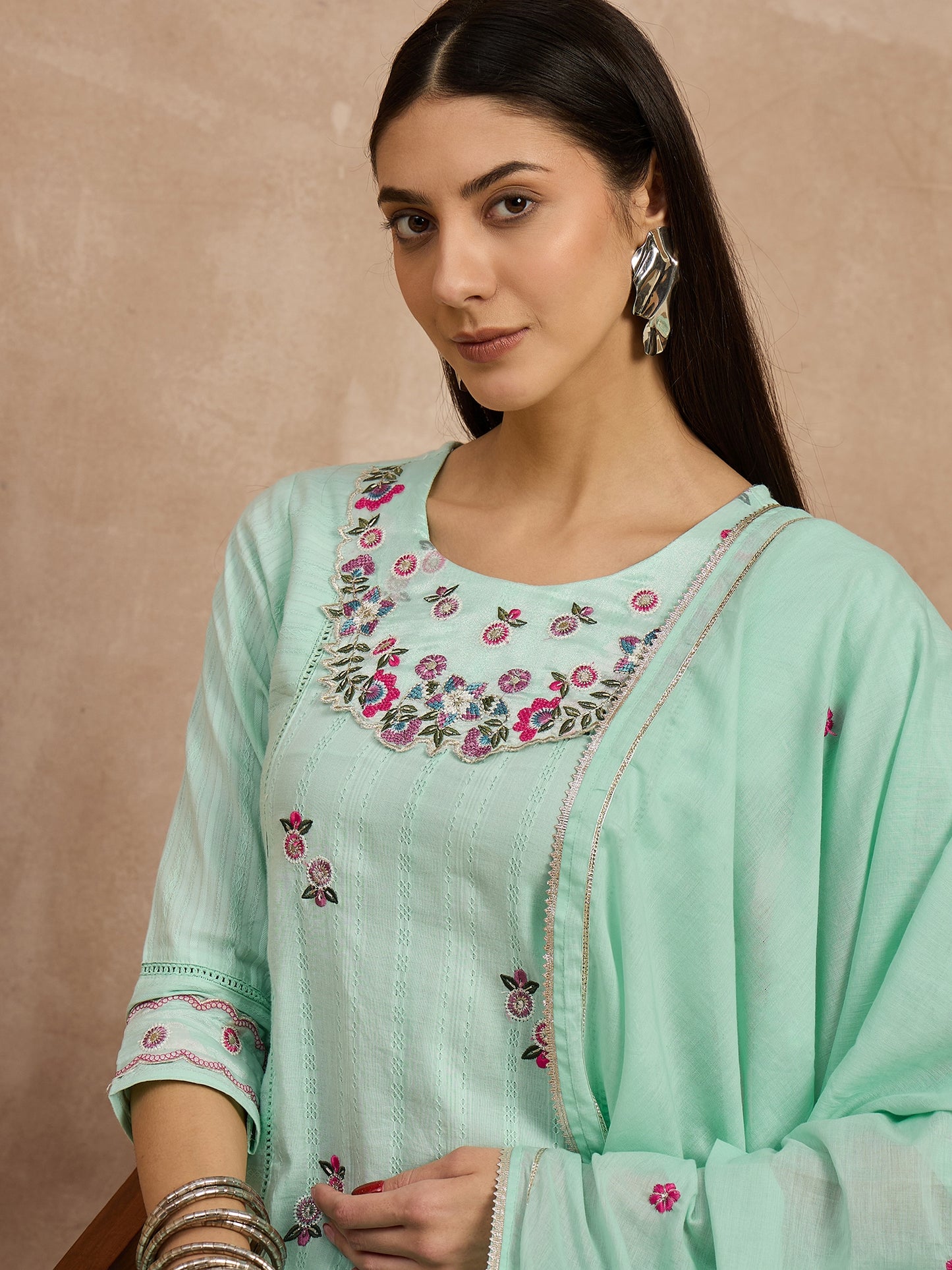 Mint Green Embroidered Cotton Kurta Set with Dupatta