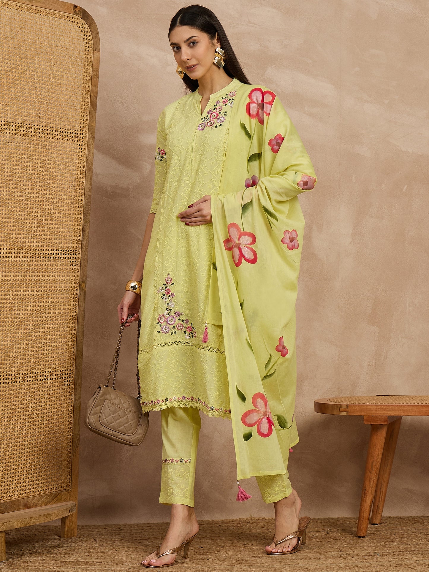 Yellow Embroidered Cotton Suit Set with Floral Dupatta