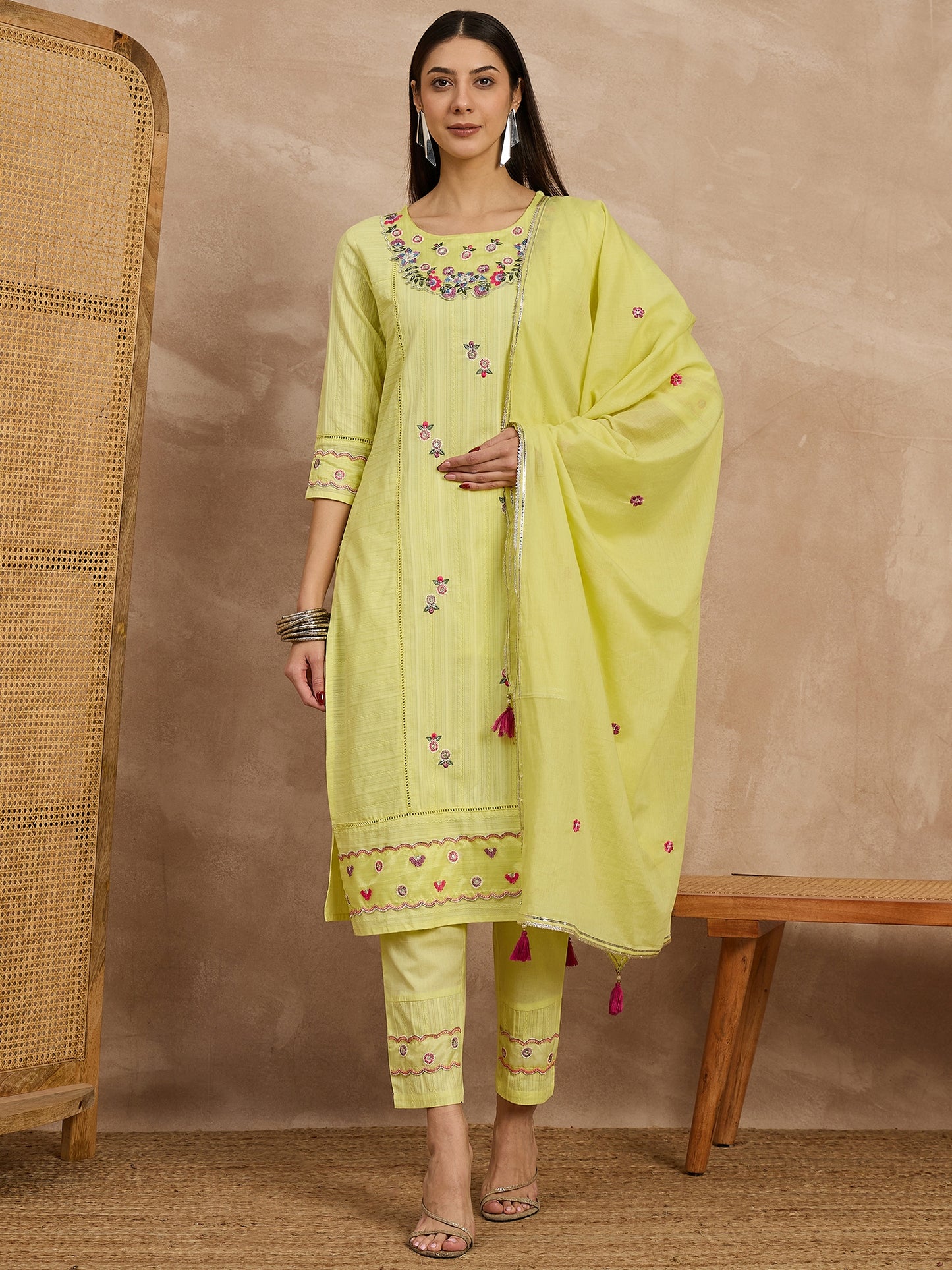 Embroidered Cotton Kurta Set with Dupatta
