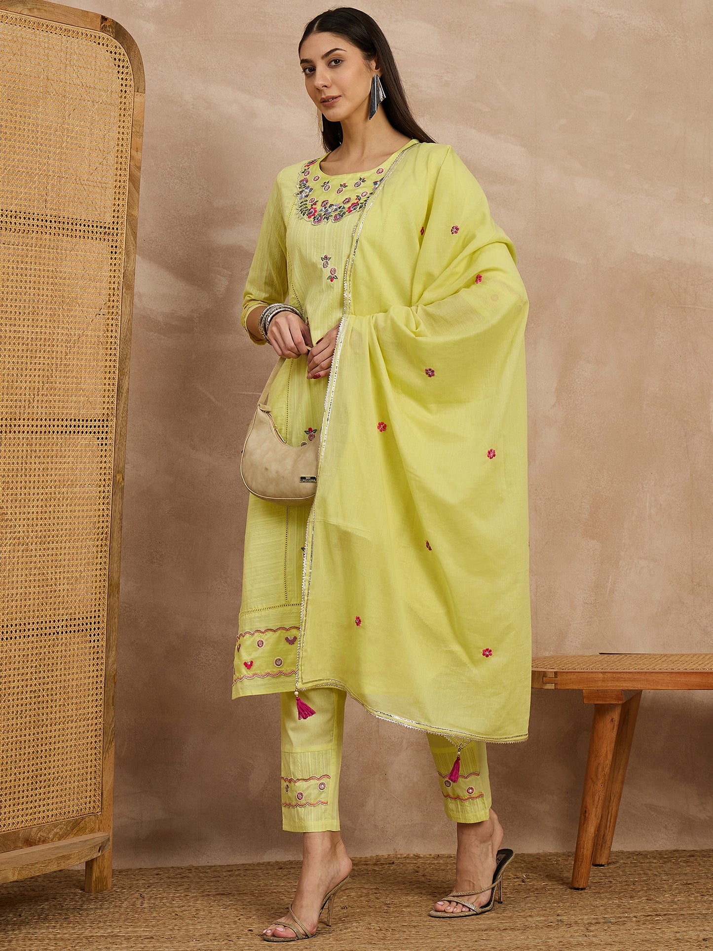 Embroidered Cotton Kurta Set with Dupatta