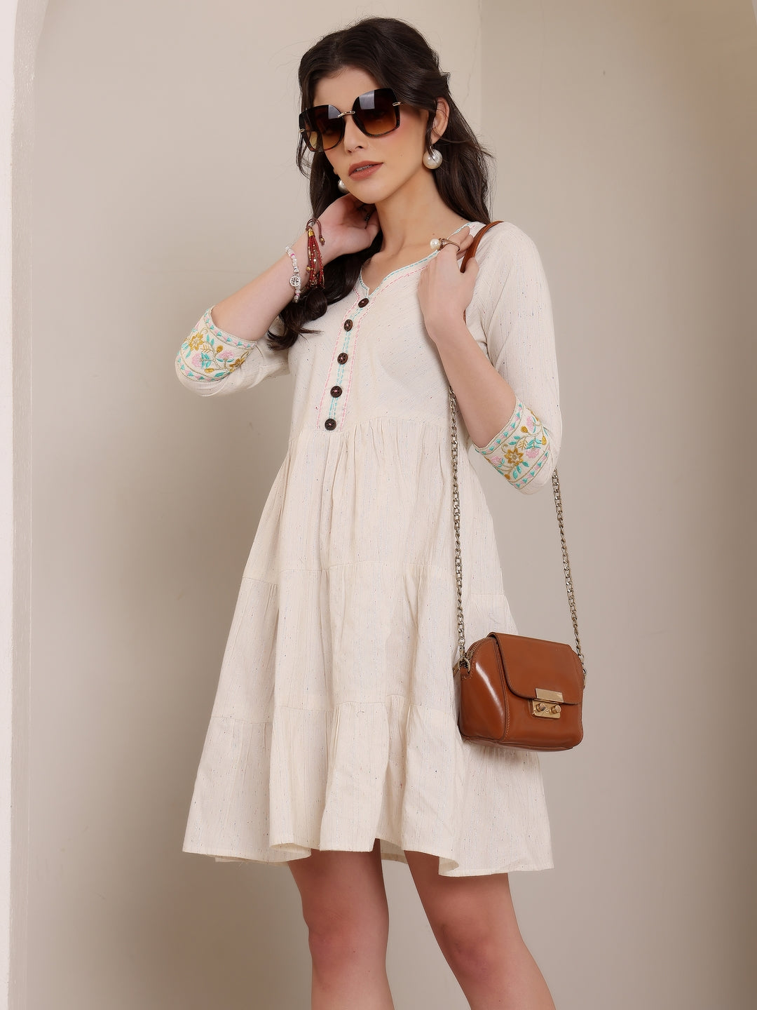 Off-White Short Kurti Dress with Embroidered Sleeve Detail