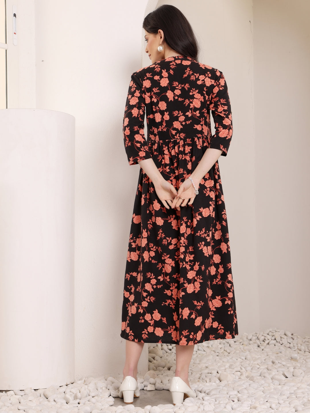 Black Floral Print Midi Dress for Women