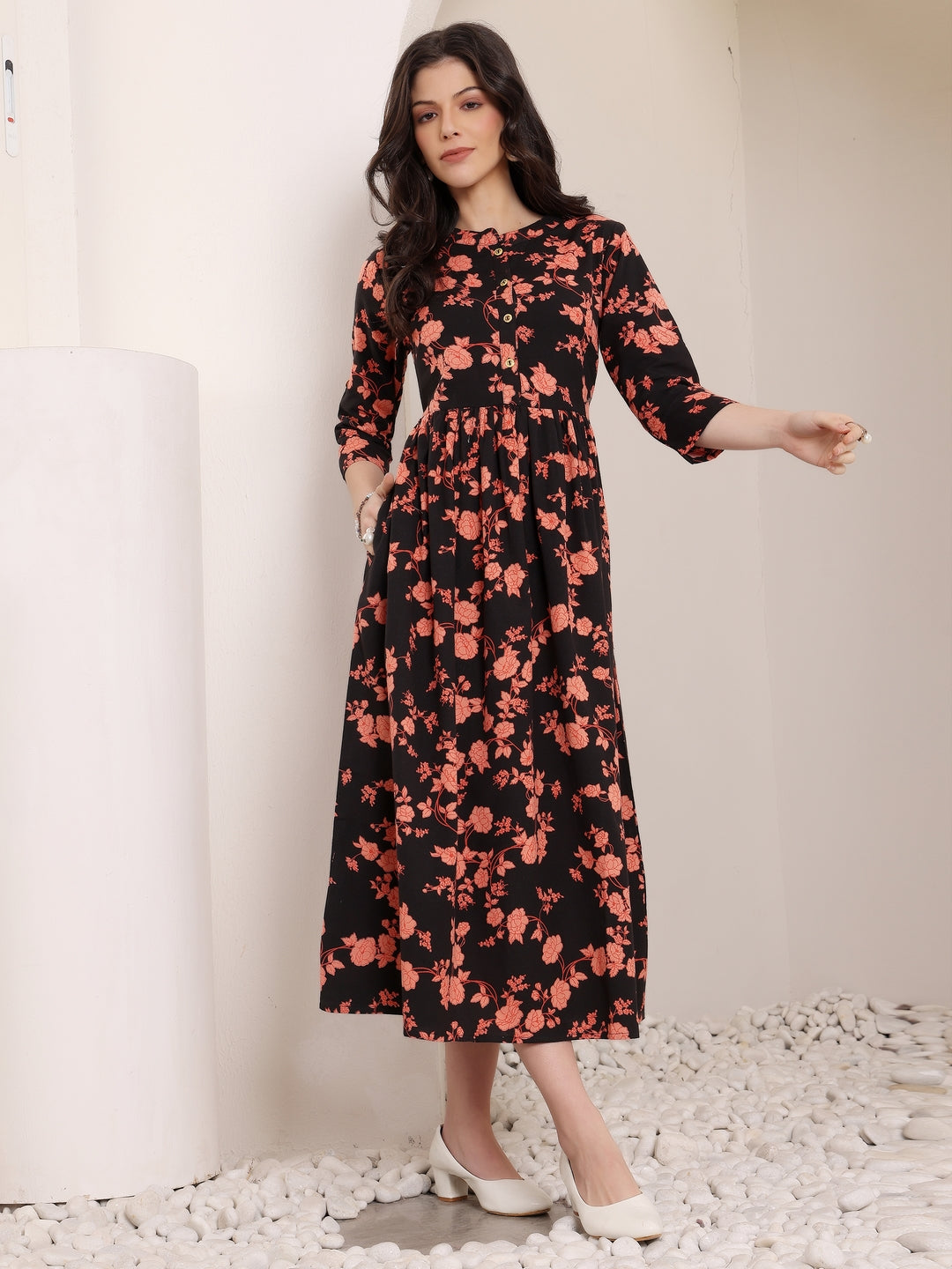 Black Floral Print Midi Dress for Women