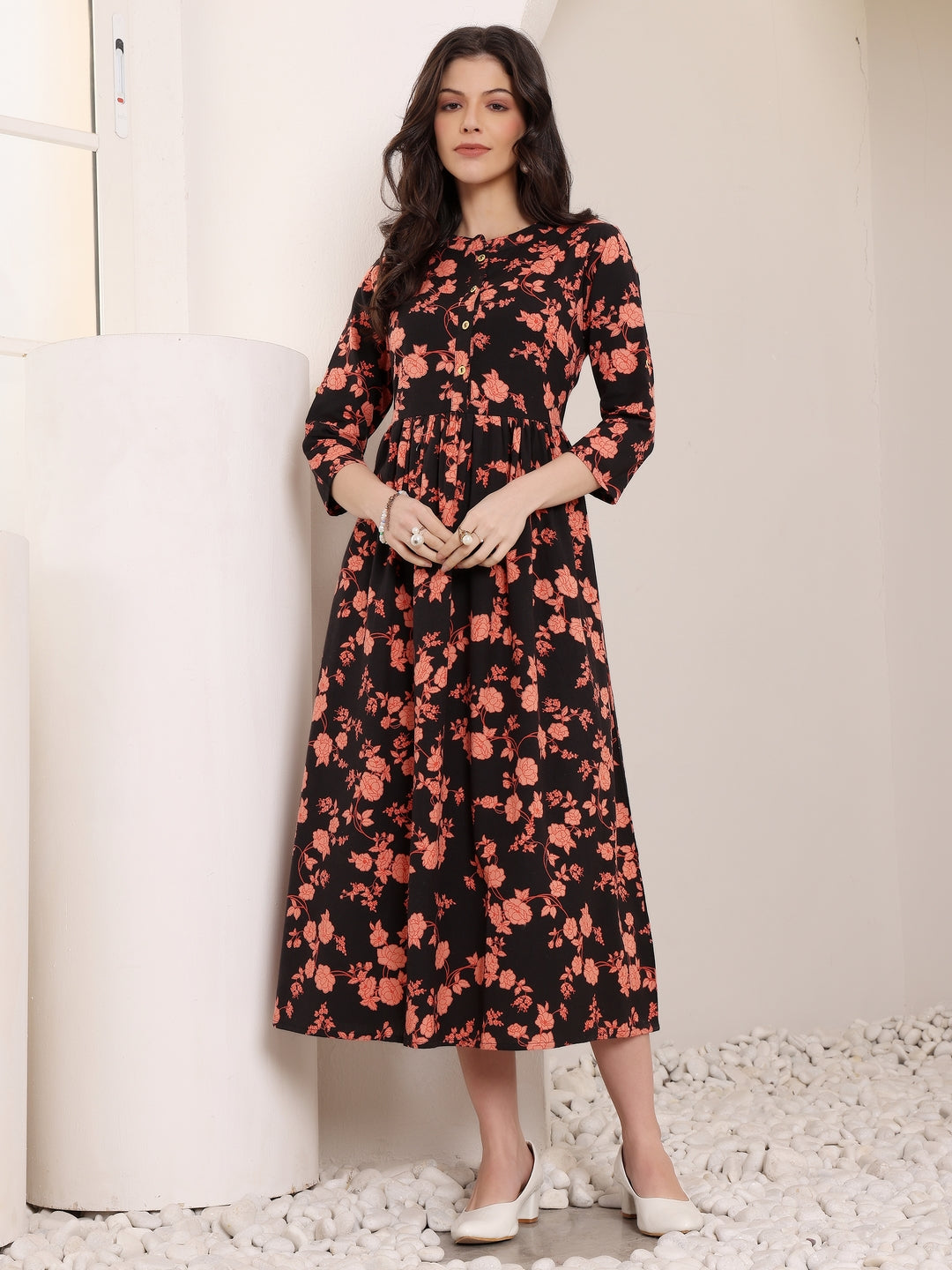 Black Floral Print Midi Dress for Women
