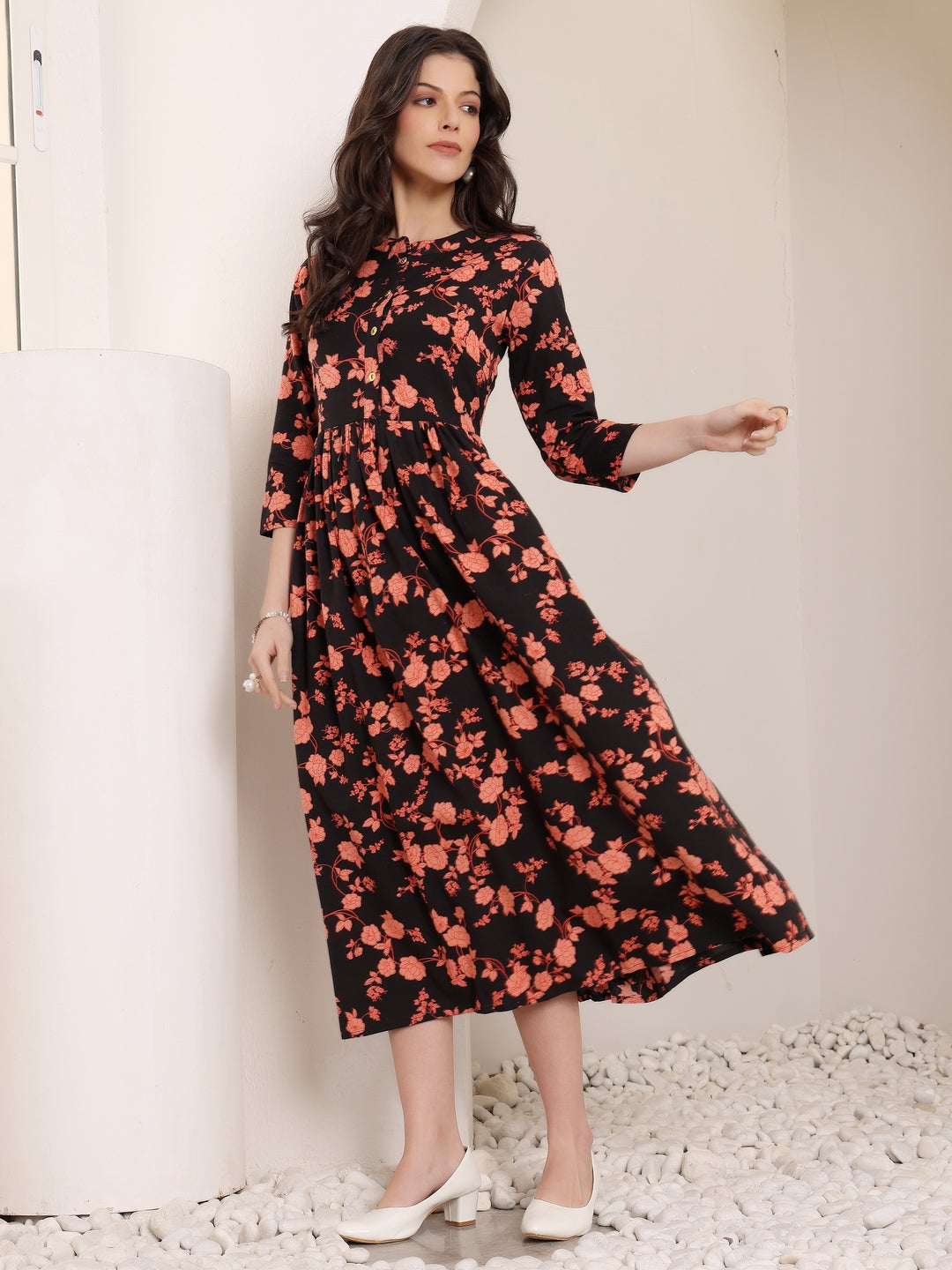 Black Floral Print Midi Dress for Women