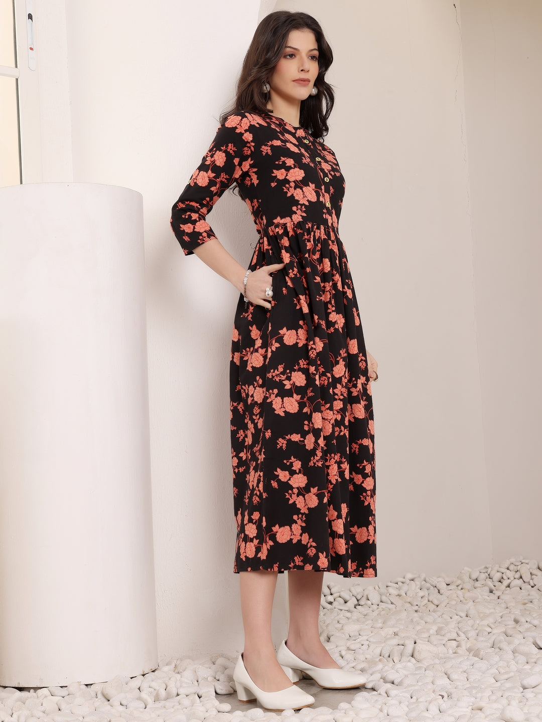 Black Floral Print Midi Dress for Women