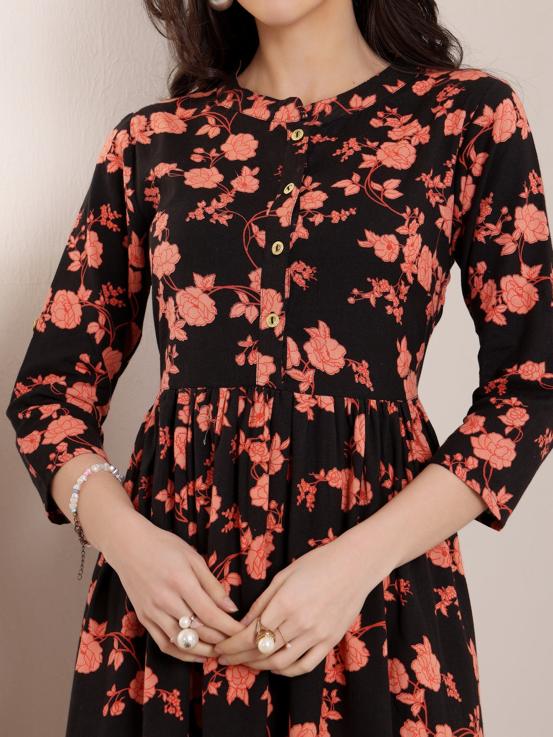 Black Floral Print Midi Dress for Women