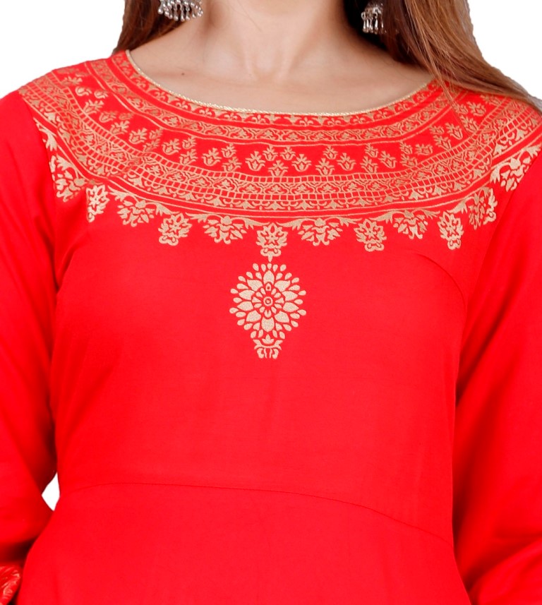 Red Flared Foil Print Gown with Dupatta