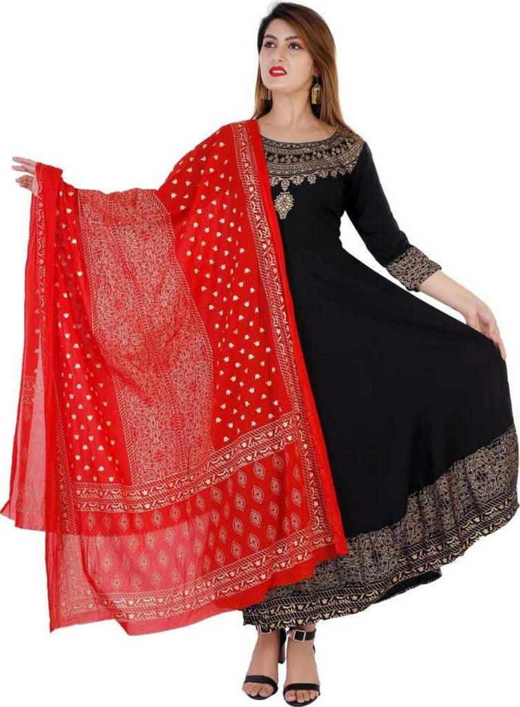 Black Flared Foil Print Dress with Dupatta