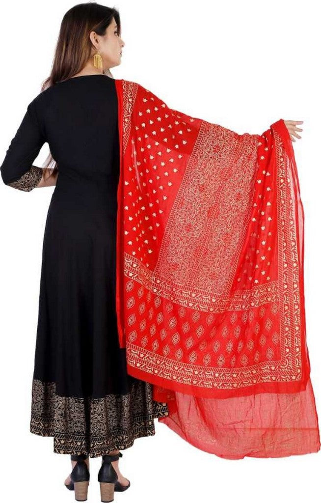 Black Flared Foil Print Dress with Dupatta
