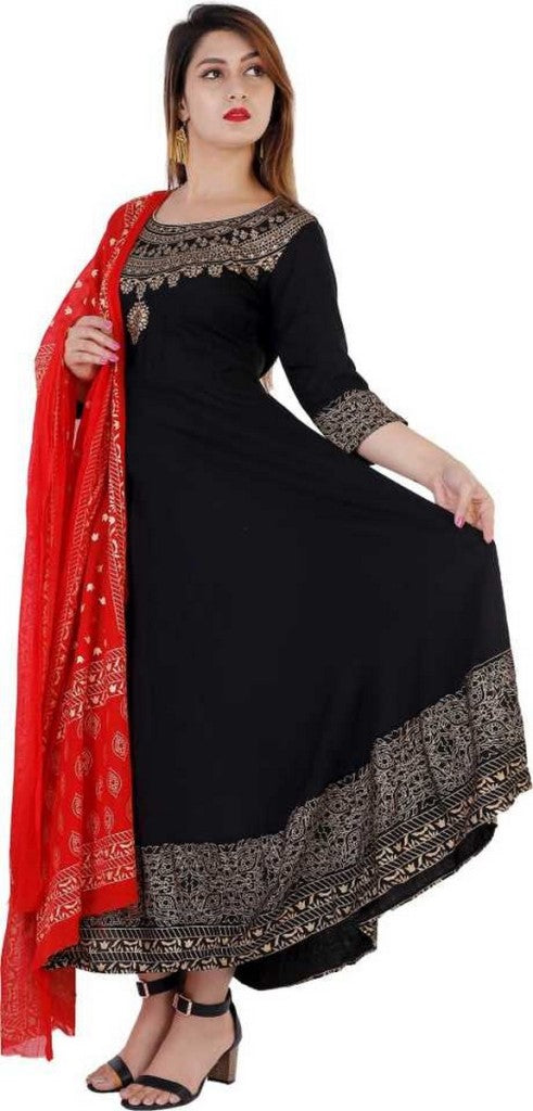 Black Flared Foil Print Dress with Dupatta
