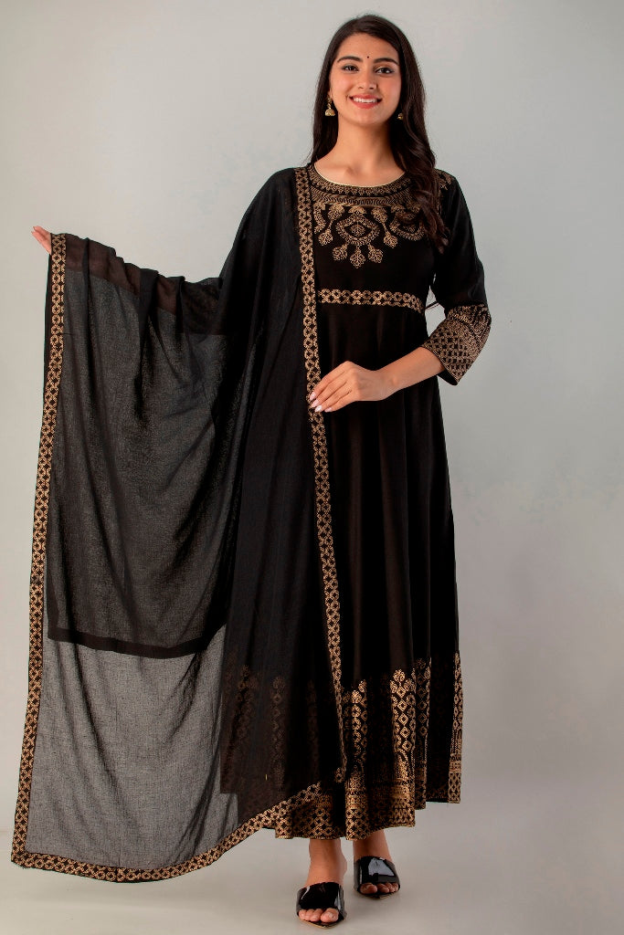 Black Gown Solid Dress with Dupatta
