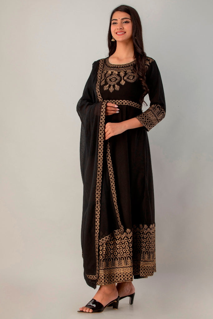 Black Gown Solid Dress with Dupatta
