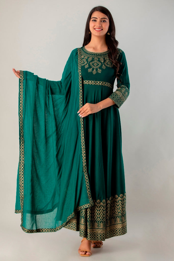 Green Gown Solid Dress with Dupatta