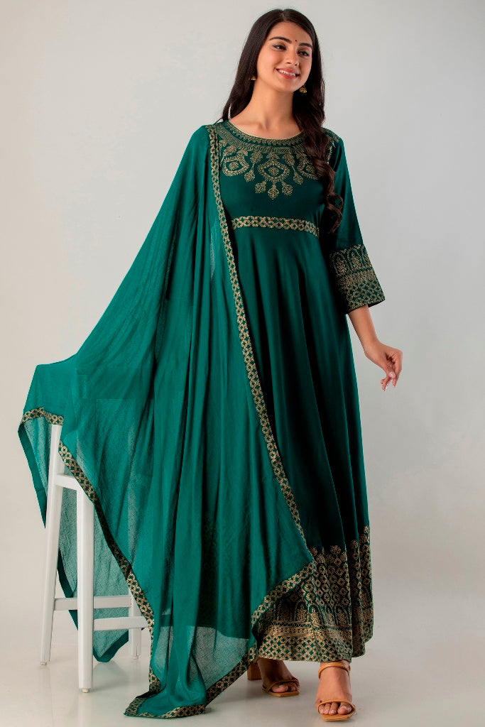 Green Gown Solid Dress with Dupatta