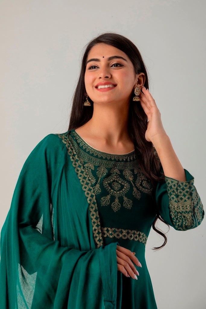 Green Gown Solid Dress with Dupatta