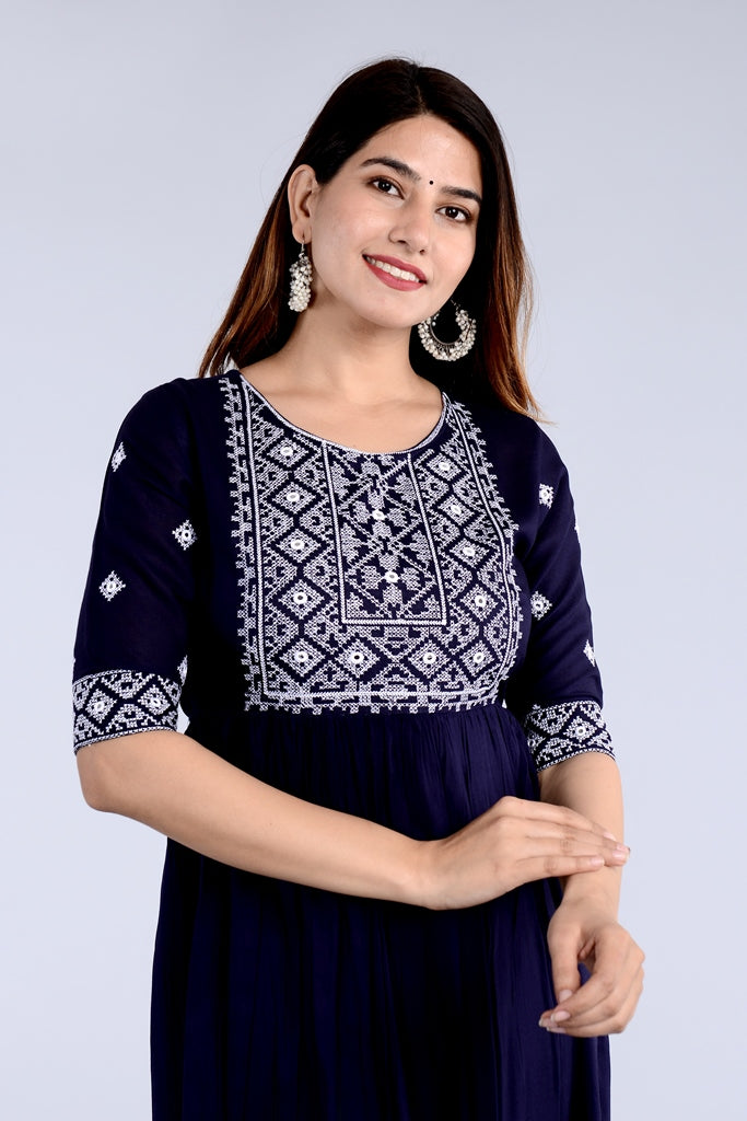 Blue Straight Printed Ethnic Wear