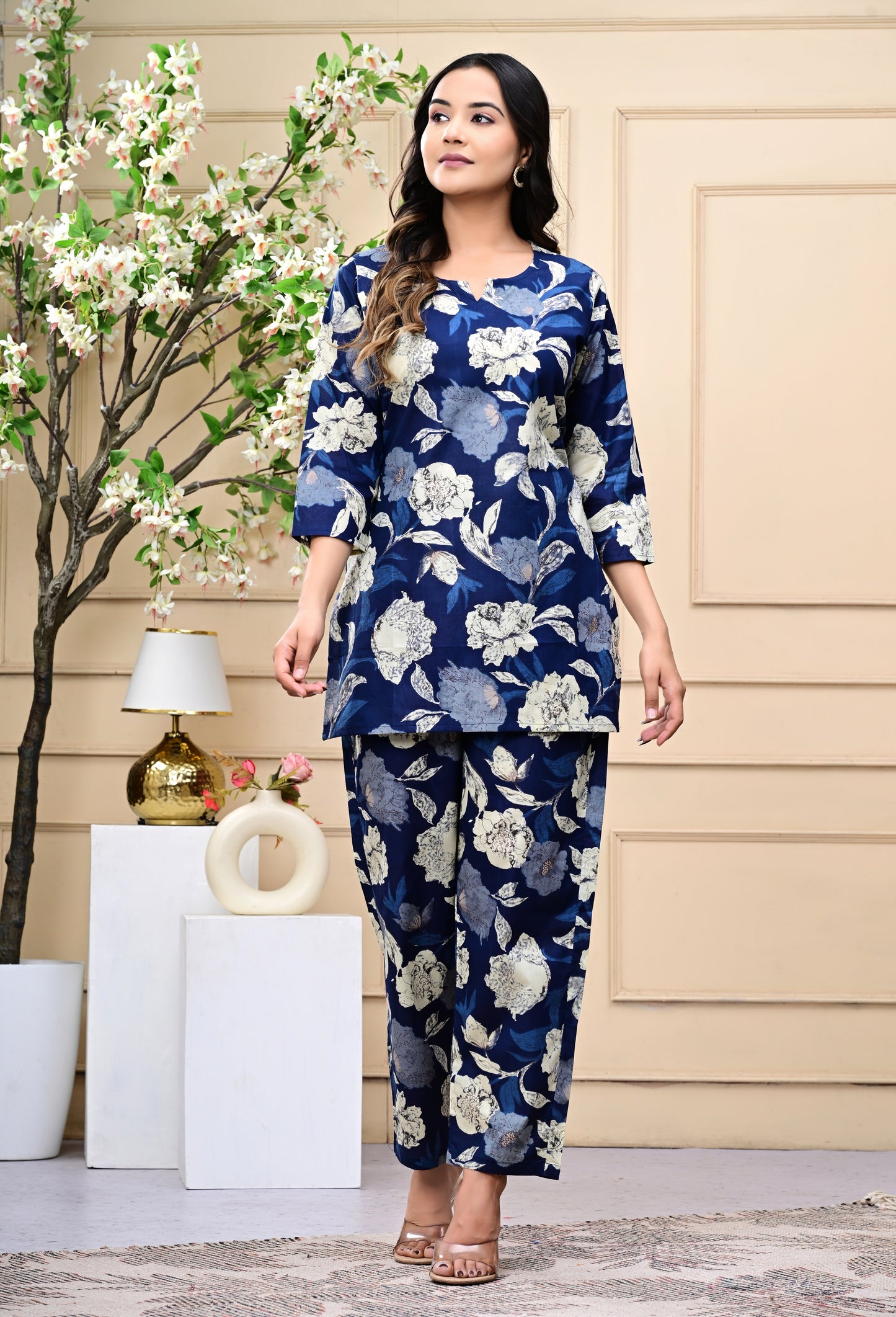 Navy Blue Floral Printed Cotton Co-ord Set