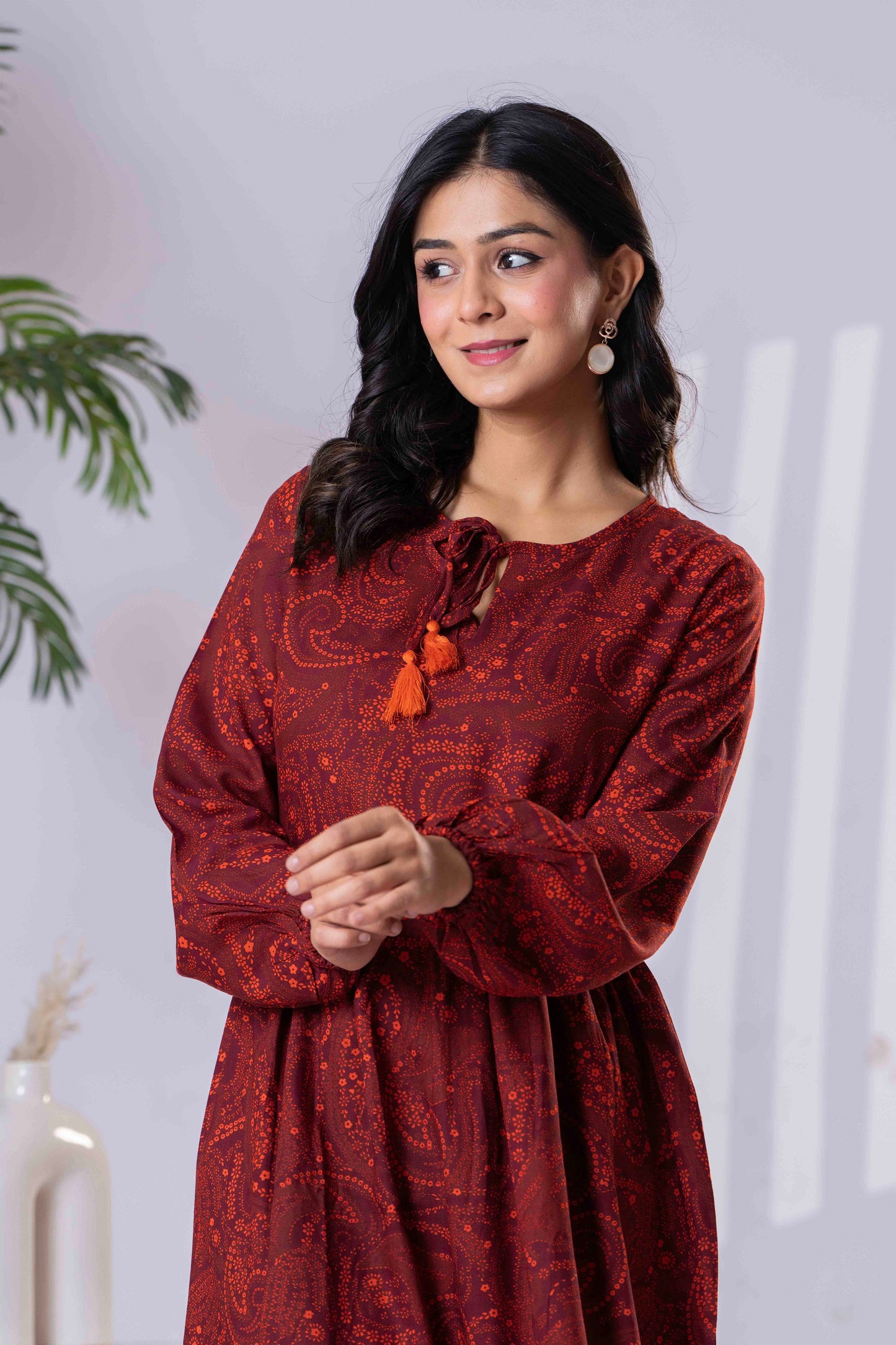 Women's Red Printed A-Line Midi Dress with Long Sleeves