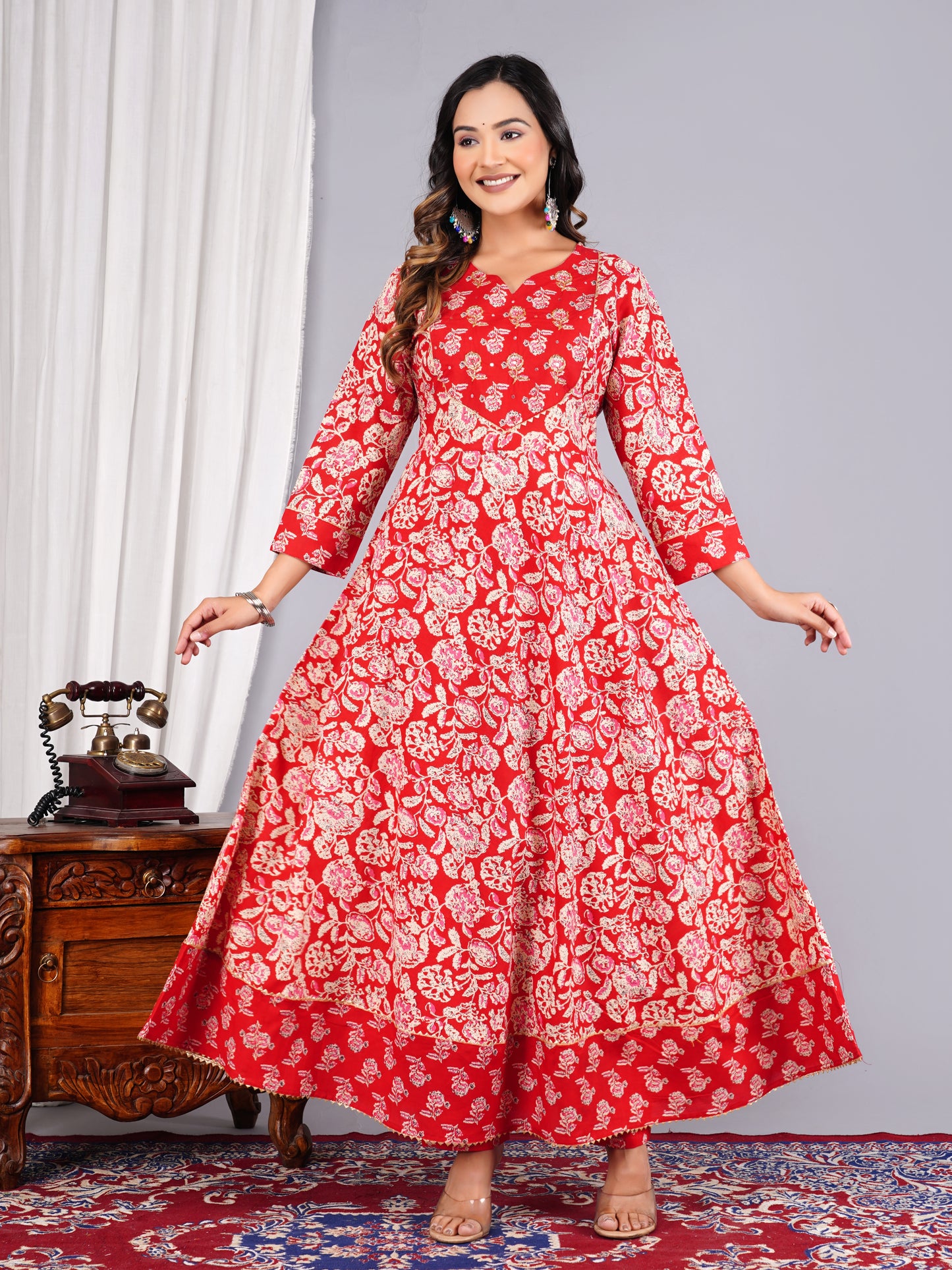 Red Colour Designer Printed Kurta with Pant and Dupatta