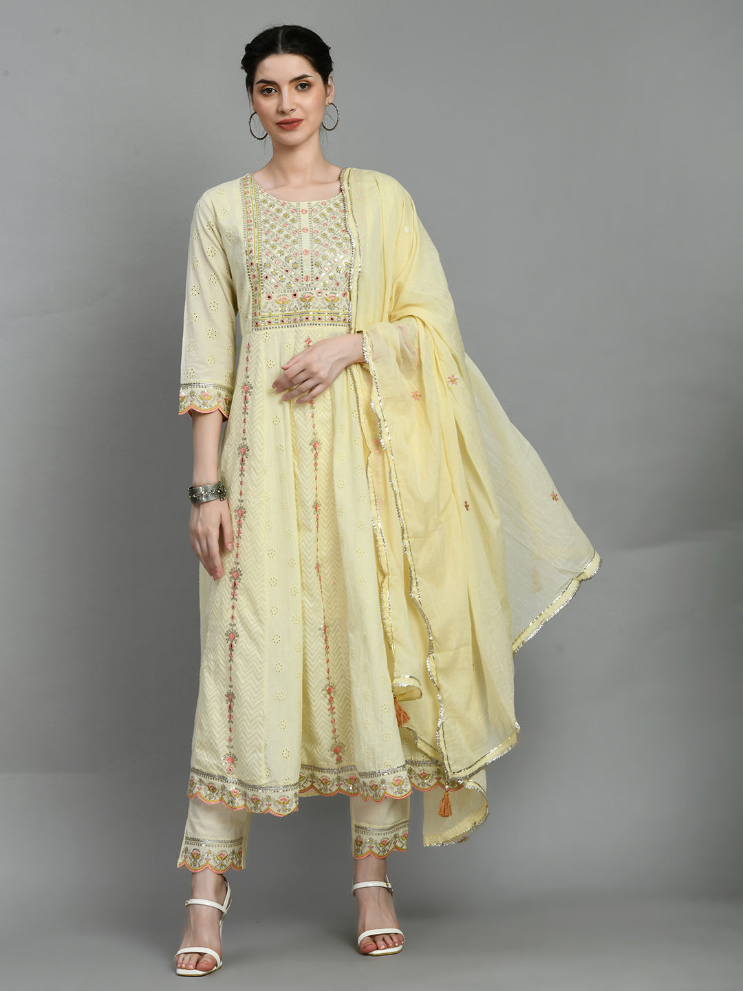 Pastel Yellow Embroidered Anarkali Suit Set
