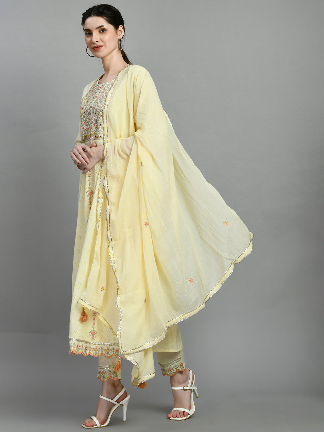 Pastel Yellow Embroidered Anarkali Suit Set
