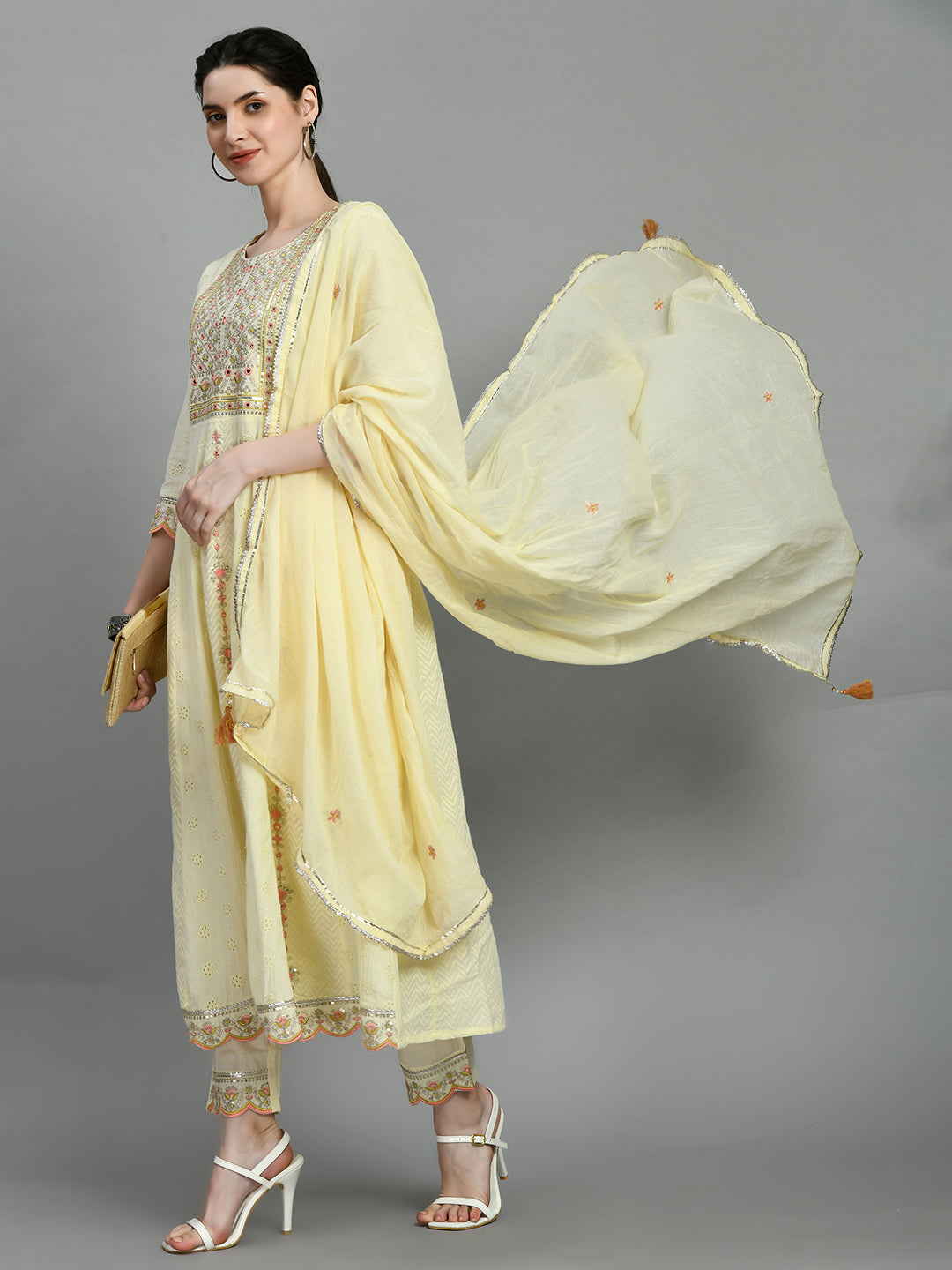 Pastel Yellow Embroidered Anarkali Suit Set