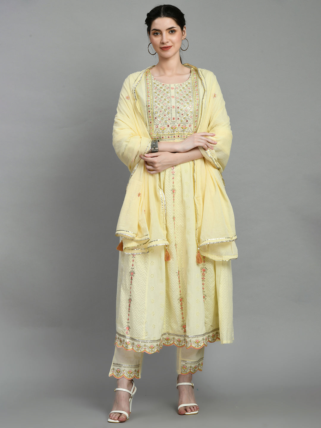 Pastel Yellow Embroidered Anarkali Suit Set